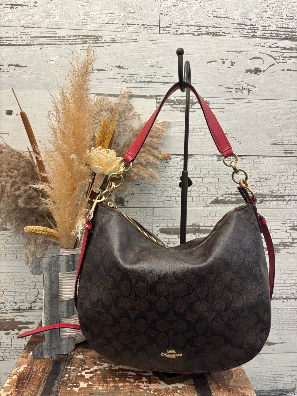 Coach Kelsey Brown Signature Hobo with Red Trim